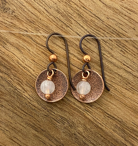 Forged copper teardrop earrings with moonstone
