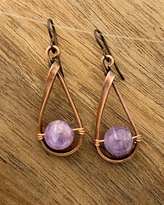 Copper teardrop hoops with amethyst
