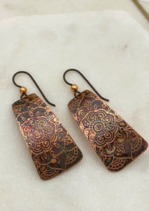Acid etched copper irregular rectangle earrings