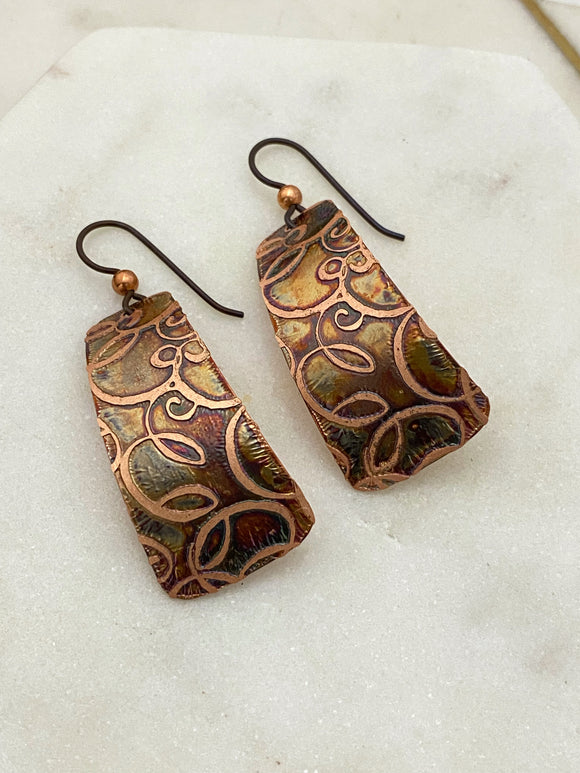 Acid etched copper irregular rectangle earrings.