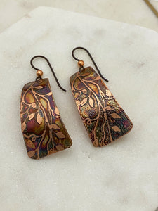 Acid etched copper irregular rectangle earrings.