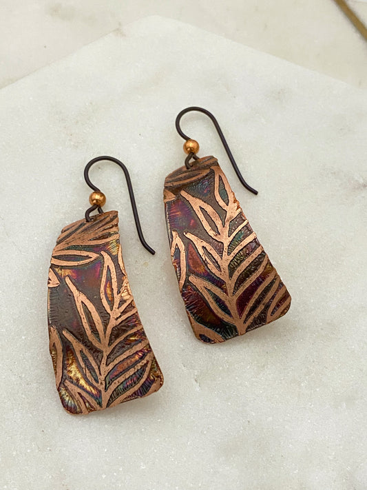 Acid etched copper irregular rectangle earrings