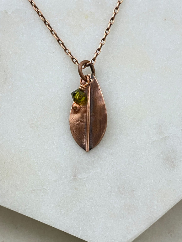 Forged copper leaf necklace with olivine