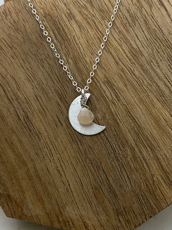 Sterling silver moon necklace with peach moonstone
