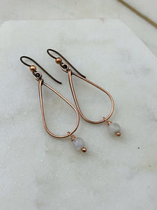 Copper teardrop hoop earrings with moonstone