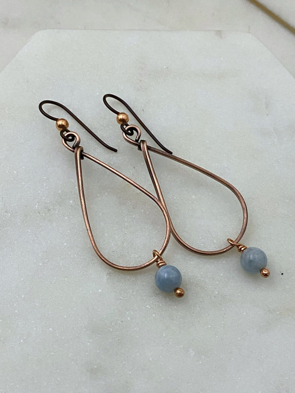 Copper teardrop hoop earrings with aquamarine