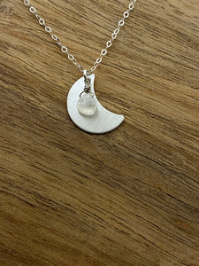 Forged sterling silver moon necklace with moonstone
