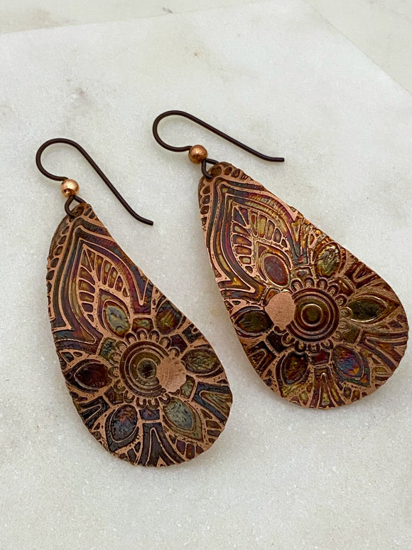 Large acid etched copper teardrop earrings