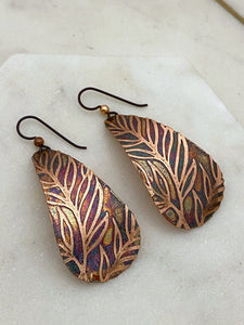 Large acid etched copper teardrop earrings