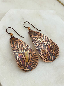 Large acid etched copper teardrop earrings