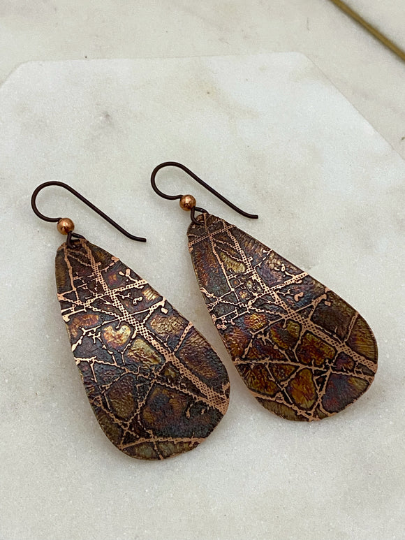 Large acid etched copper teardrop earrings