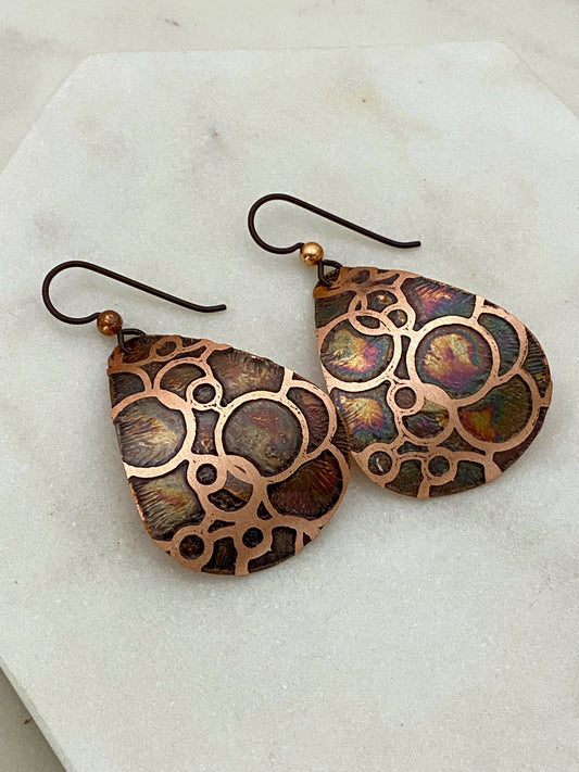 Acid etched copper dots medium teardrop earrings