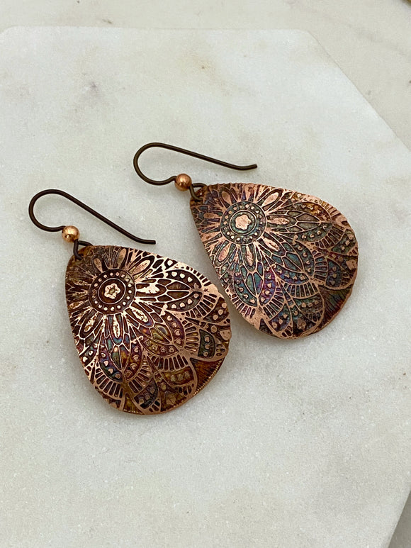 Acid etched copper mandala medium teardrop earrings