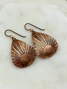 Acid etched copper sun medium teardrop earrings
