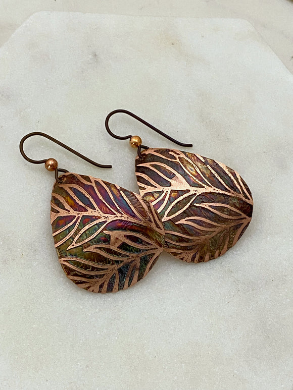 Acid etched copper fern medium teardrop earrings