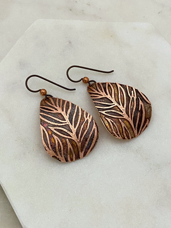 Acid etched copper medium teardrop earrings