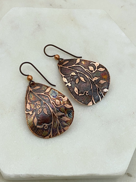 Acid etched copper medium teardrop earrings