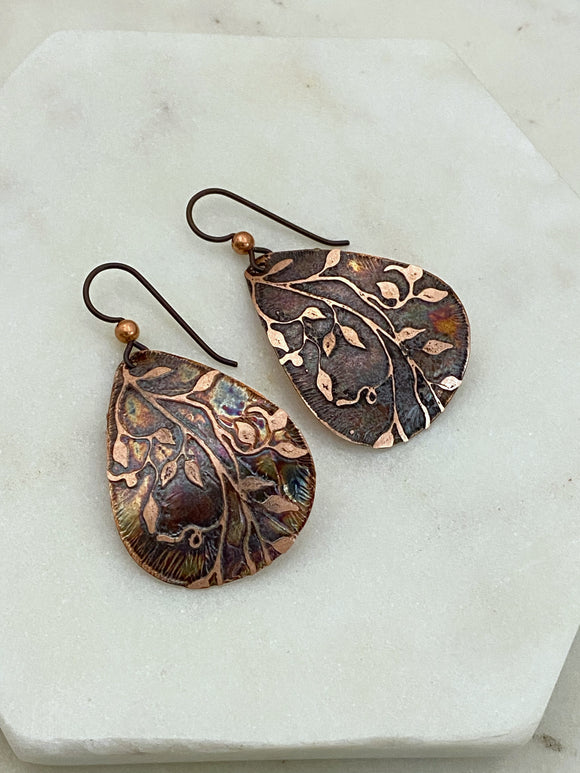 Acid etched copper medium teardrop earrings