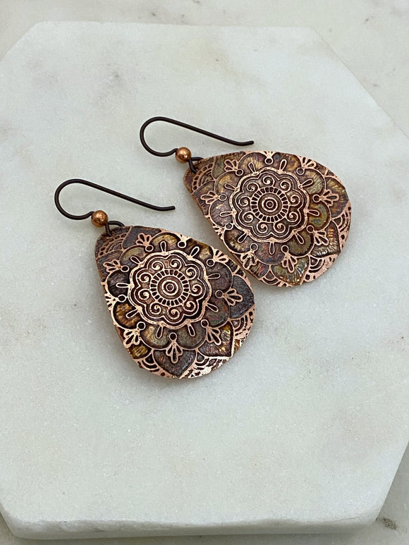 Acid etched copper medium teardrop earrings