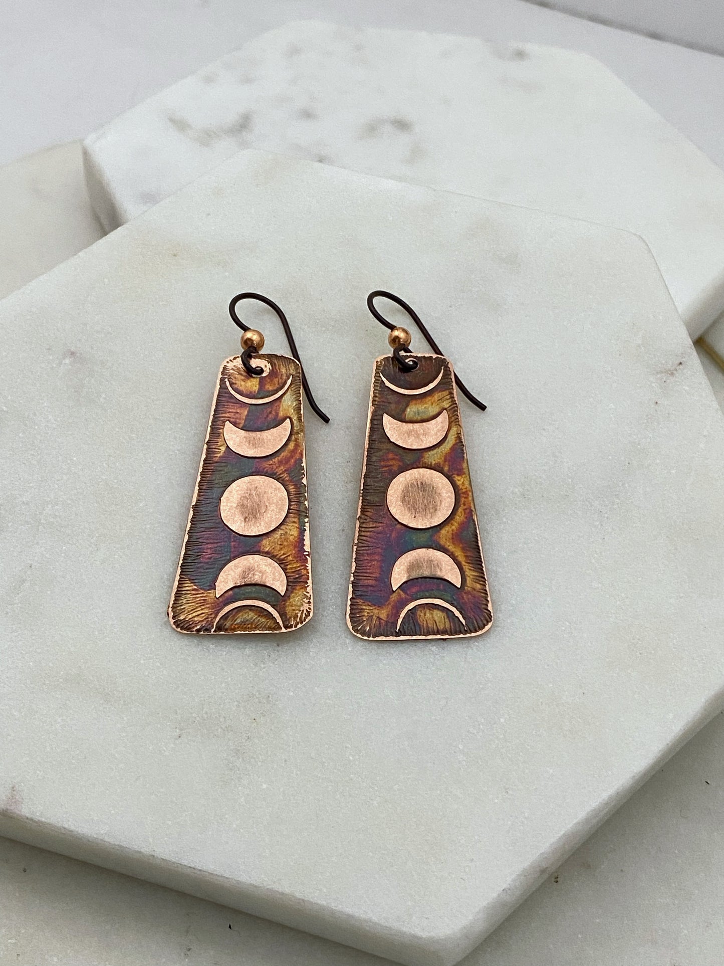 Acid etched copper moon phase earrings