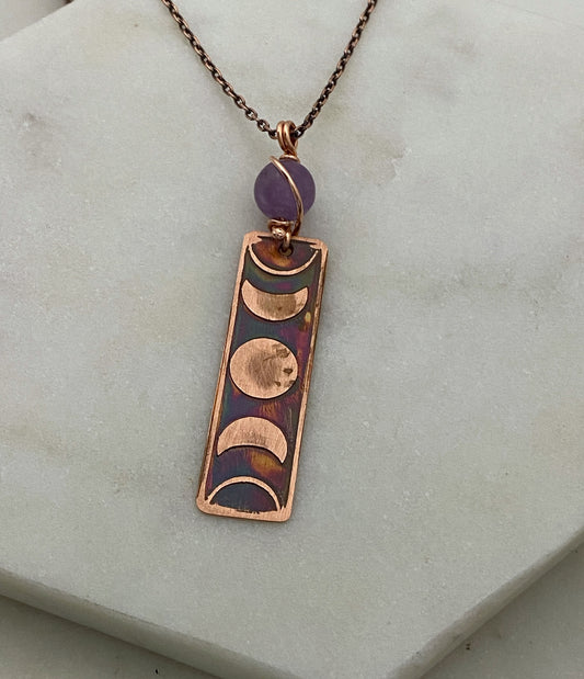 Moon phase acid etched copper necklace with amethyst gemstone