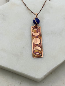 Moon phase acid etched copper necklace with lapis gemstone