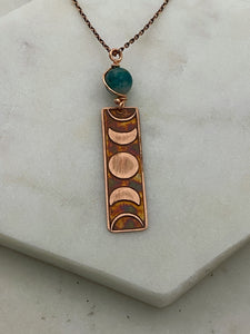 Moon phase acid etched copper necklace with amazonite gemstone