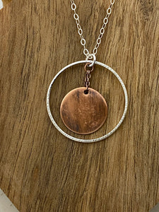 Sterling silver forged hoop necklace with copper disk