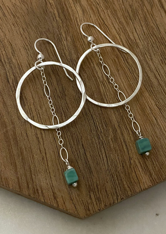 Sterling silver forged hoop earrings with amazonite