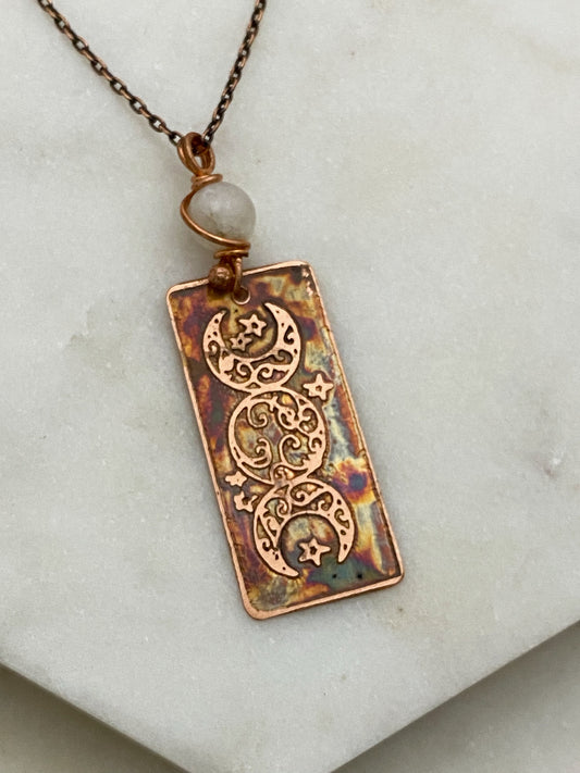 Copper and moonstone moon necklace