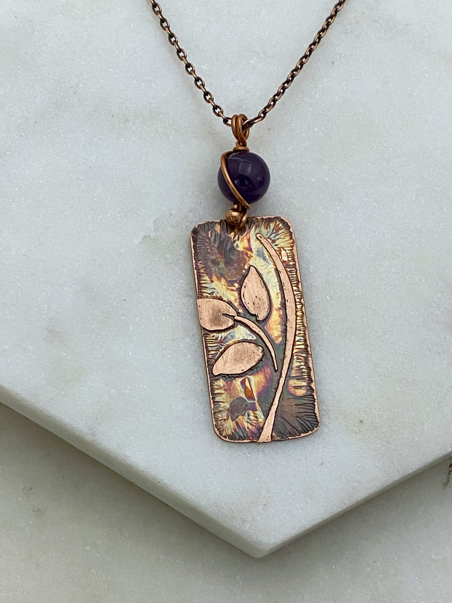 Acid etched copper leaf necklace with amethyst gemstone