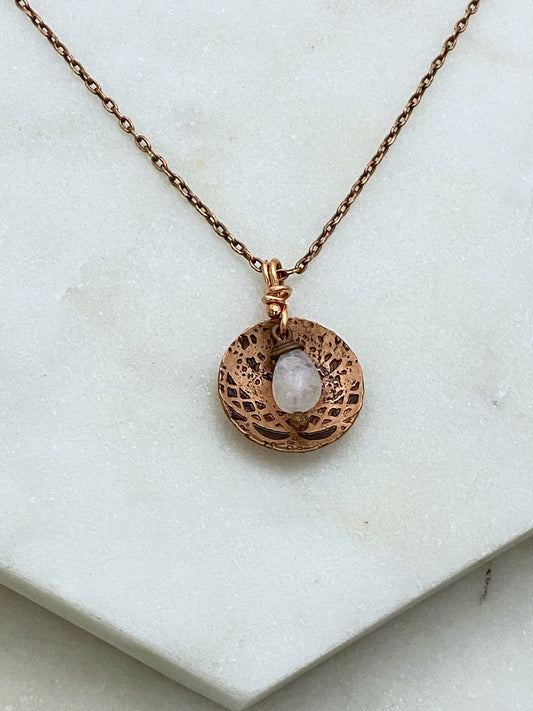 Acid etched copper dish necklace with moonstone gemstone