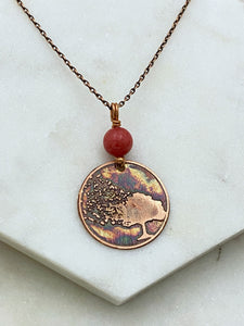 Tree acid etched copper necklace with coral gemstone