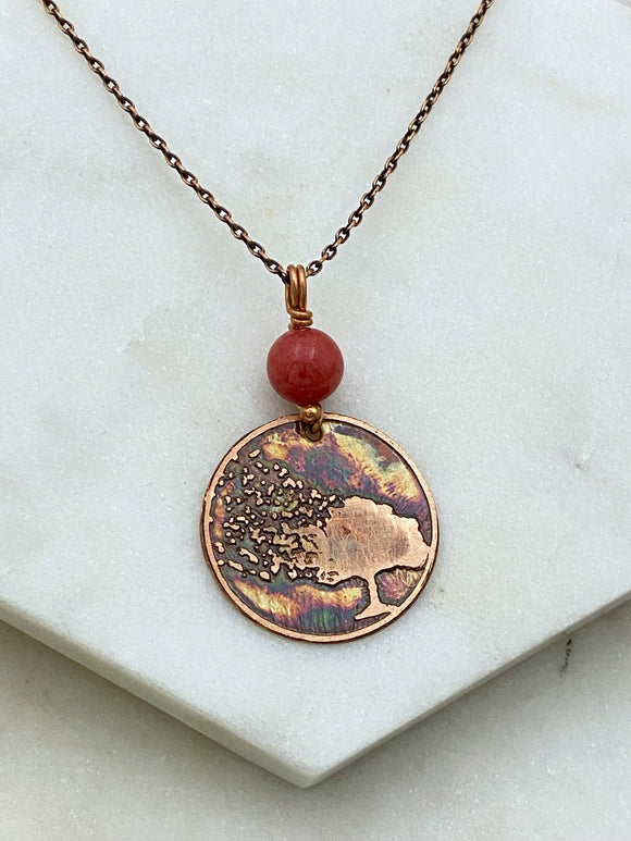 Tree acid etched copper necklace with coral gemstone