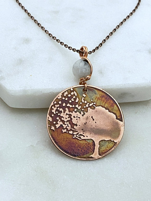 Acid etched copper blowing tree necklace with moonstone gemstone
