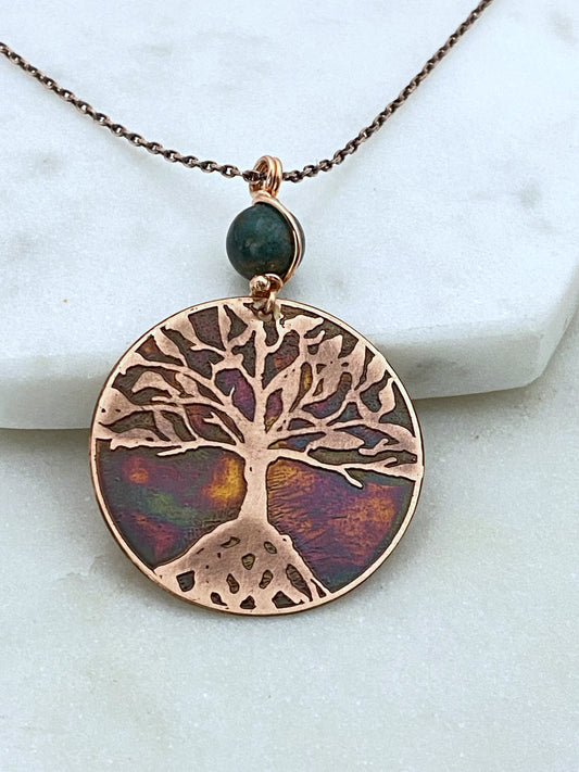 Acid etched copper tree necklace with amazonite gemstone
