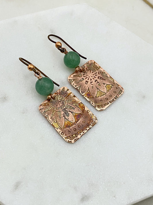 Acid etched copper earrings with aventurine gemstones