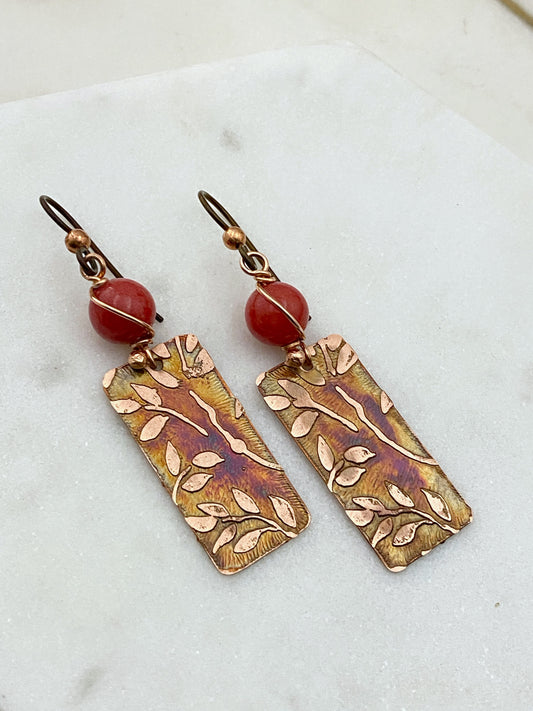 Acid etched copper earrings with coral gemstones