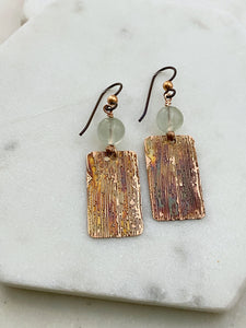 Acid  etched copper earrings with prehnite gemstones