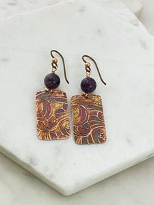 Acid  etched copper earrings with amethyst gemstones