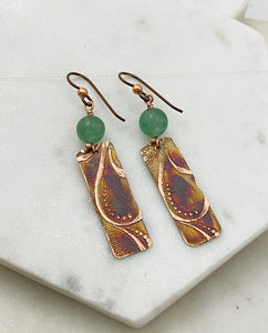 Acid  etched copper earrings with aventurine gemstones