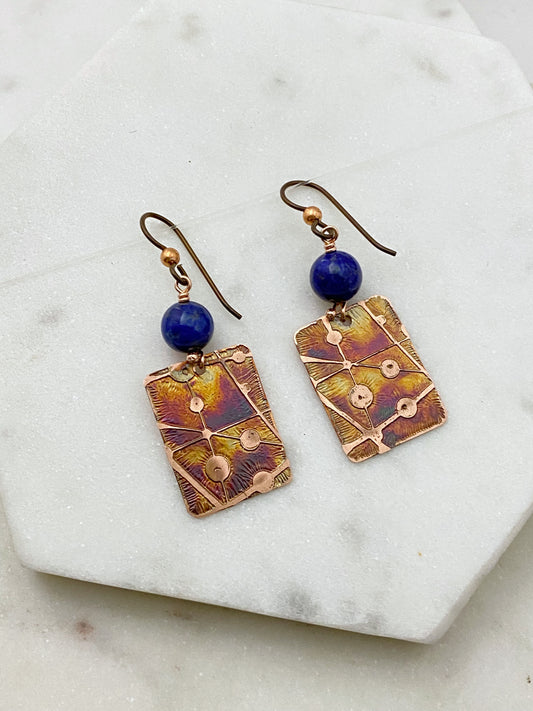 Acid  etched copper earrings with lapis gemstones