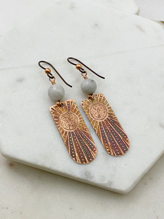 Acid  etched copper earrings with moonstone gemstones
