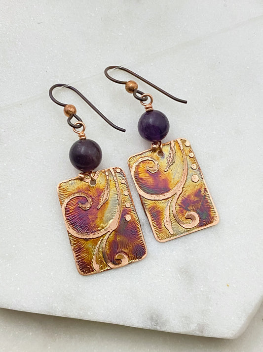 Acid  etched copper earrings with amethyst gemstones