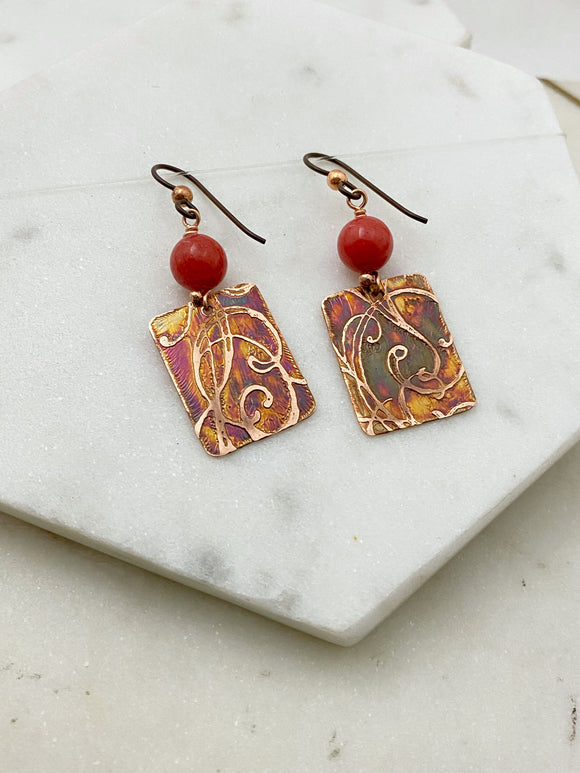 Acid  etched copper earrings with coral gemstones