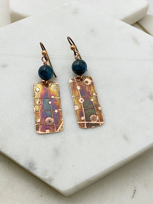 Acid  etched copper earrings with apatite gemstones