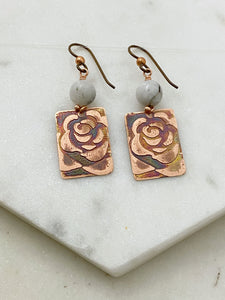 Acid  etched copper earrings with moonstone gemstones