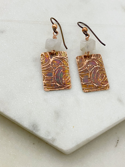 Acid  etched copper earrings with moonstone gemstones
