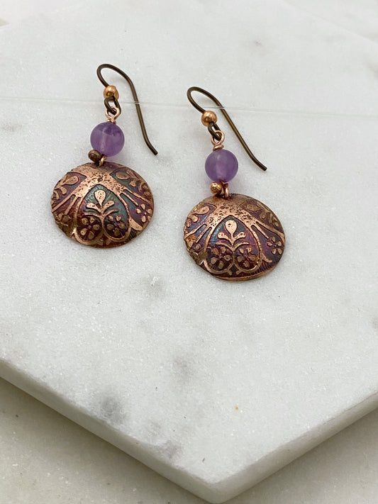 Acid  etched copper earrings with amethyst gemstones