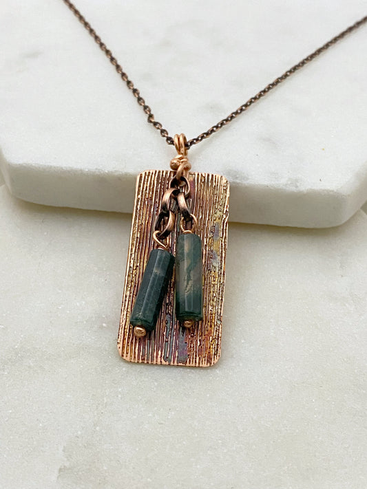 Acid etched copper necklace with tree agate gemstones